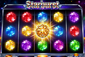 Giao diện game slot Starburst với các viên ngọc rực rỡ và wild trung tâm