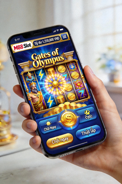 Giao diện ứng dụng M88 Slot trên điện thoại di động hiển thị trò chơi Gates of Olympus