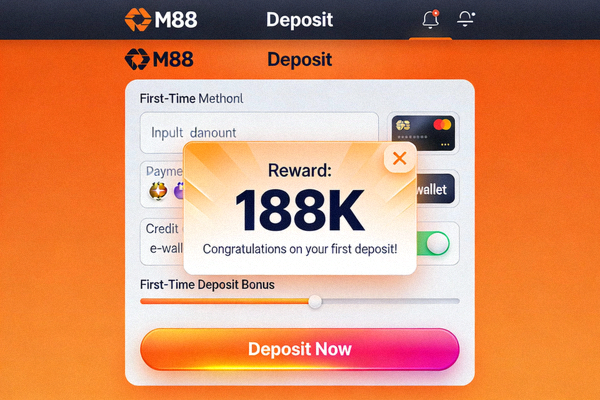Hình ảnh minh họa giao diện nạp tiền lần đầu và nhận thưởng 188K trên ứng dụng M88
