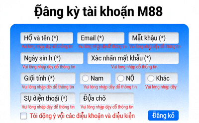 Mẫu form điền thông tin cá nhân khi đăng ký tài khoản M88
