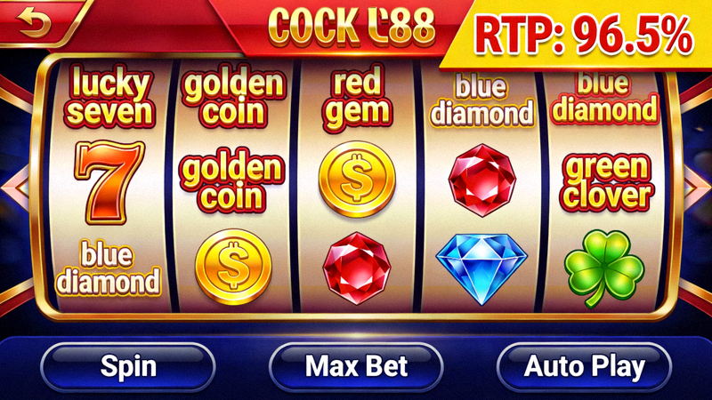 Minh họa giao diện trò chơi Slot M88 với các biểu tượng và tỷ lệ RTP được highlight